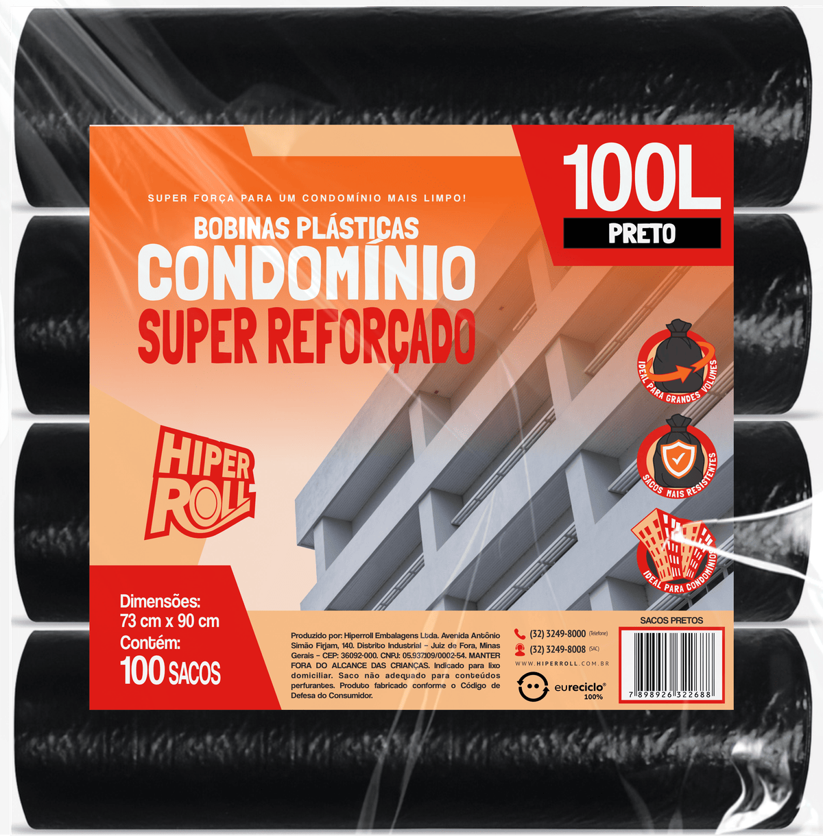 BOBINA PLÁSTICA CONDOMÍNIO SUPER REFORÇADO| 73x85 100 LITROS C/25 SACOS POR ROLO