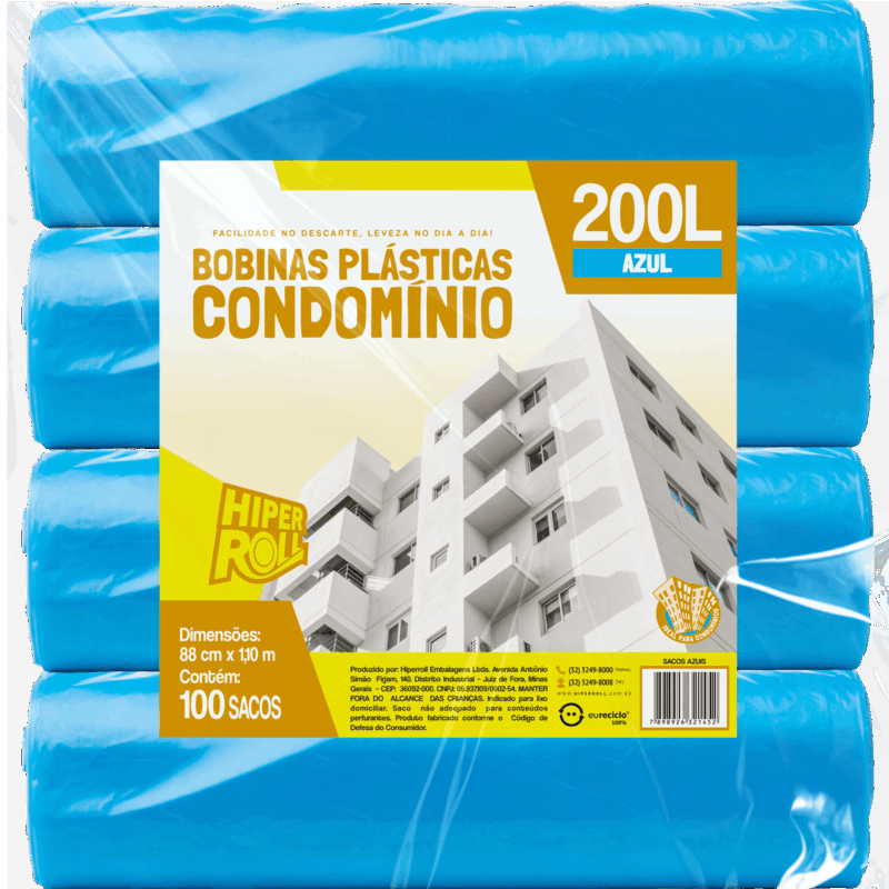SACO PLÁSTICO CONDOMÍNIO LEVE | 88x110 200 LITROS C/25 SACOS POR ROLO
