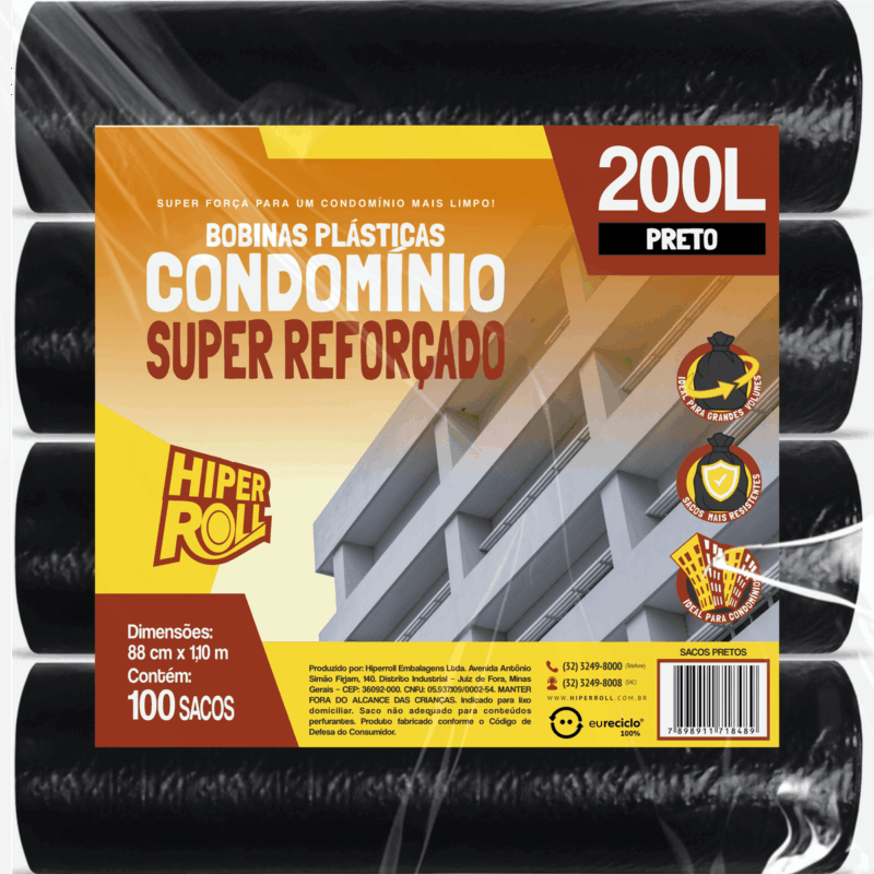 BOBINA PLÁSTICA CONDOMÍNIO SUPER REFORÇADO 88x110 200 LITROS C/10 SACOS POR ROLO