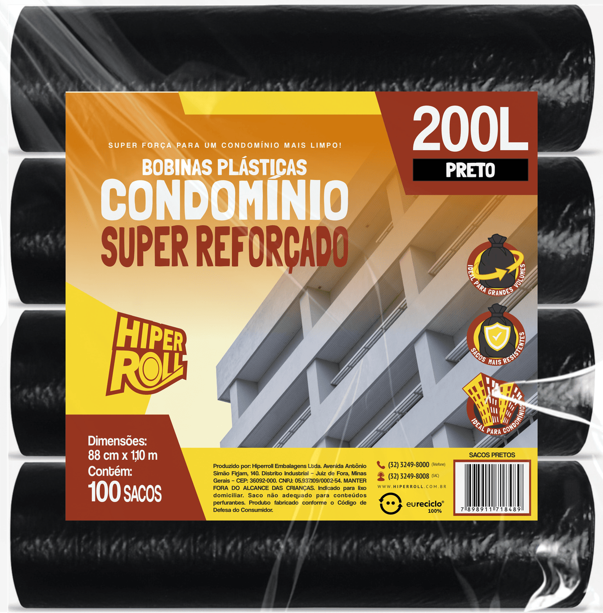 BOBINA PLÁSTICA CONDOMÍNIO SUPER REFORÇADO 88x110 200 LITROS C/10 SACOS POR ROLO