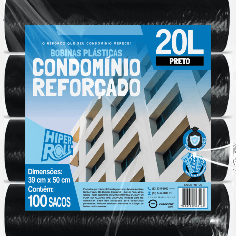 SACO PLÁSTICO CONDOMÍNIO REFORÇADO | 38x50 20 LITROS C/25 SACOS POR ROLO