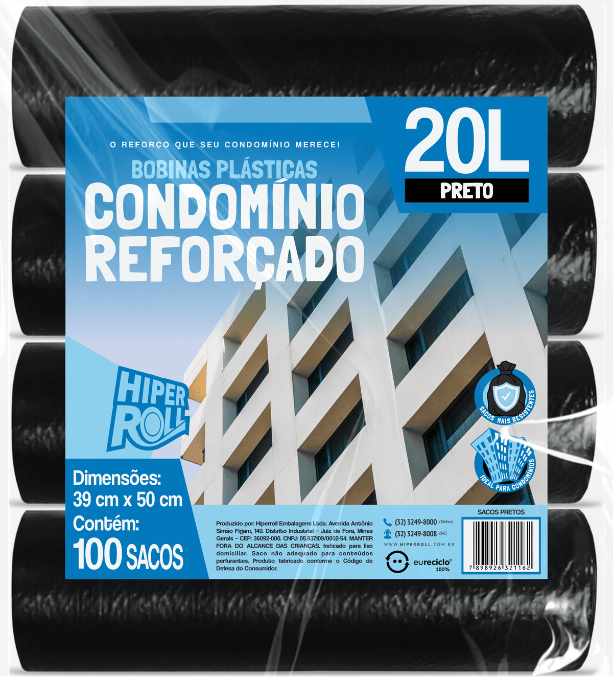 SACO PLÁSTICO CONDOMÍNIO REFORÇADO | 38x50 20 LITROS C/25 SACOS POR ROLO