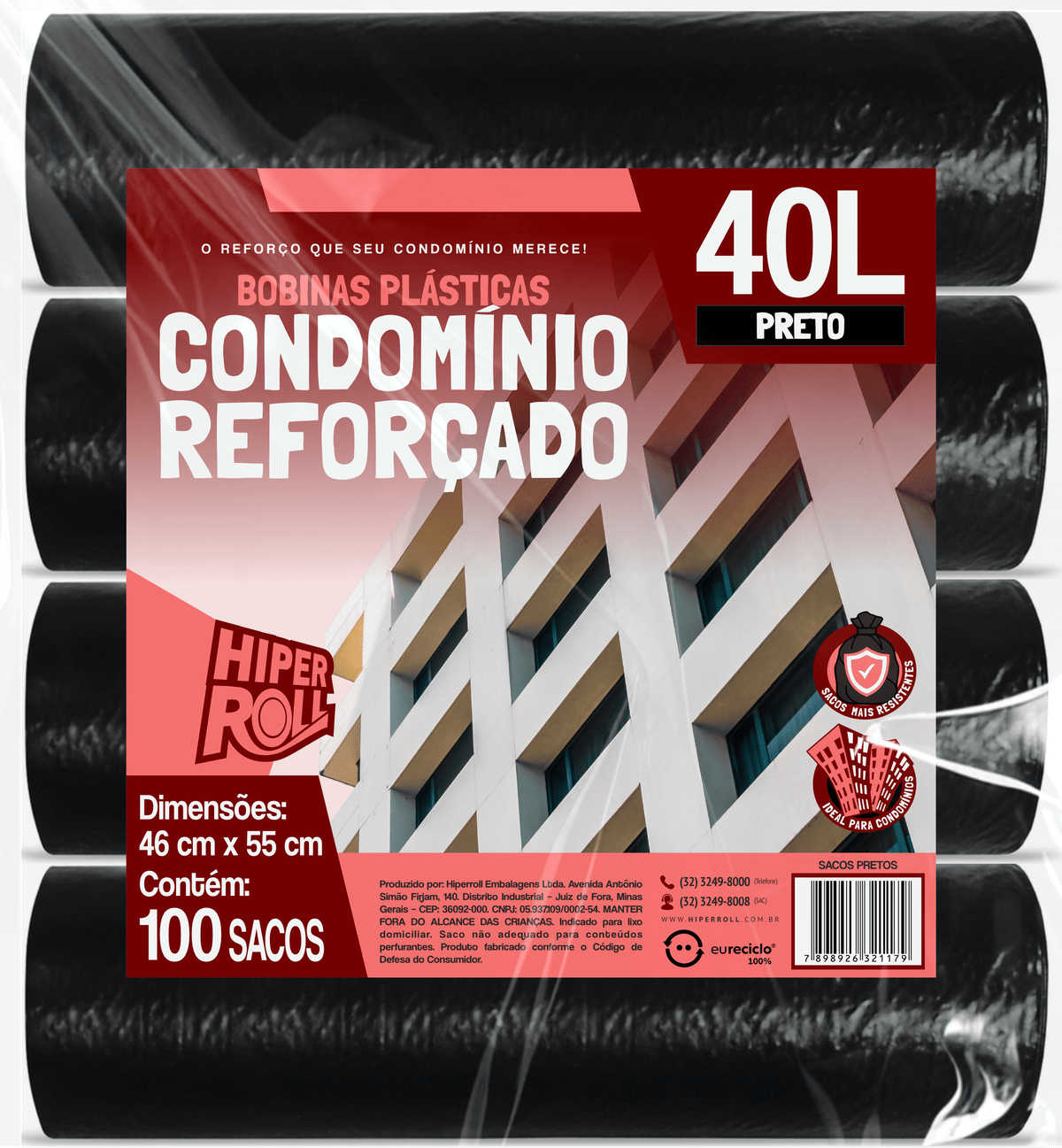 SACO PLÁSTICO CONDOMÍNIO REFORÇADO | 48x55 40 LITROS C/25 SACOS POR ROLO