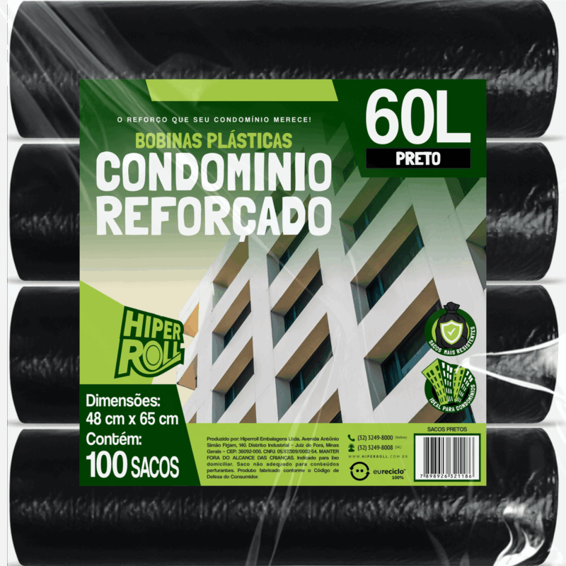 BOBINA PLÁSTICA CONDOMÍNIO REFORÇADO | 48x65 60 LITROS C/25 SACOS POR ROLO