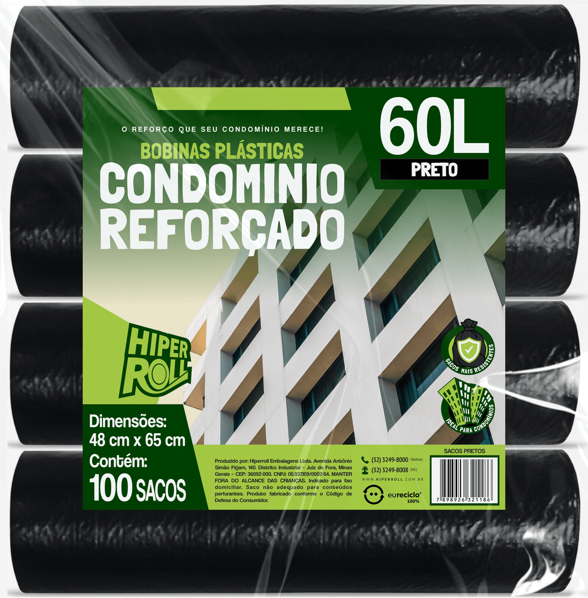 BOBINA PLÁSTICA CONDOMÍNIO REFORÇADO | 48x65 60 LITROS C/25 SACOS POR ROLO